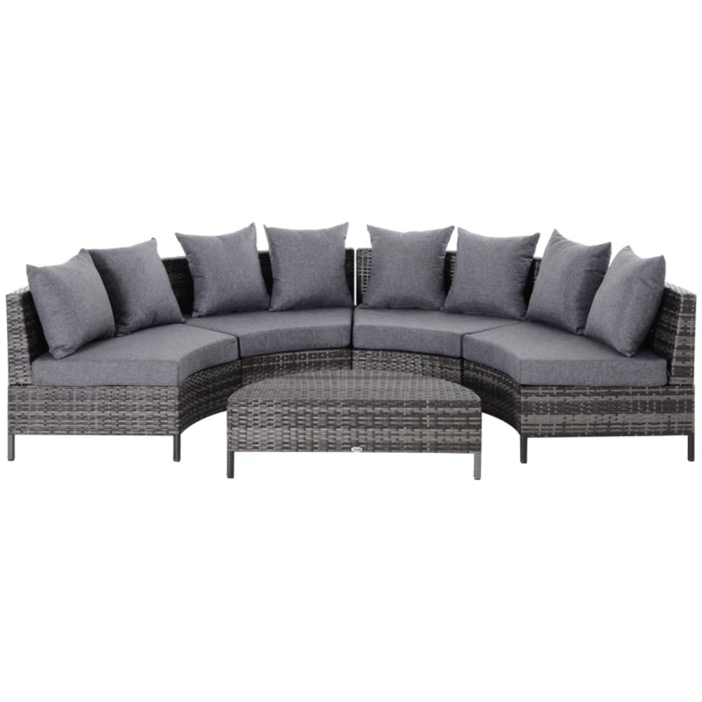 Outsunny 5 Pieces Rattan Garden Furniture Set, 4 Seater Half-Round Garden Sofa Set with Thickened Cushions, Wicker Conservatory Furniture with 4 Chairs, Rattan Coffee Table and Pillows, Grey