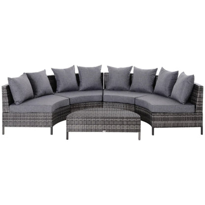 Outsunny 5 Pieces Rattan Garden Furniture Set, 4 Seater Half-Round Garden Sofa Set with Thickened Cushions, Wicker Conservatory Furniture with 4 Chairs, Rattan Coffee Table and Pillows, Grey