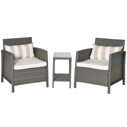 Outsunny 3 Pieces Rattan Bistro Set, Wicker Garden Furniture Set, Glass Top 2-tier Coffee Table and Chairs Set with Pillows and Washable Cushions for Outdoor, Patio, Balcony, Light Grey