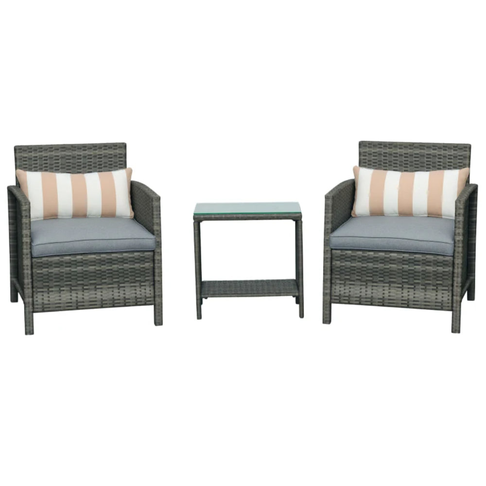 Outsunny 3 Pieces Rattan Bistro Set, Wicker Garden Furniture Set, Glass Top 2-tier Coffee Table and Chairs Set with Pillows and Washable Cushions for Outdoor, Patio, Balcony, Grey