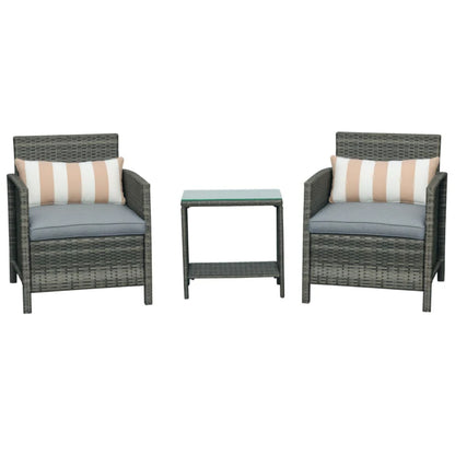 Outsunny 3 Pieces Rattan Bistro Set, Wicker Garden Furniture Set, Glass Top 2-tier Coffee Table and Chairs Set with Pillows and Washable Cushions for Outdoor, Patio, Balcony, Grey
