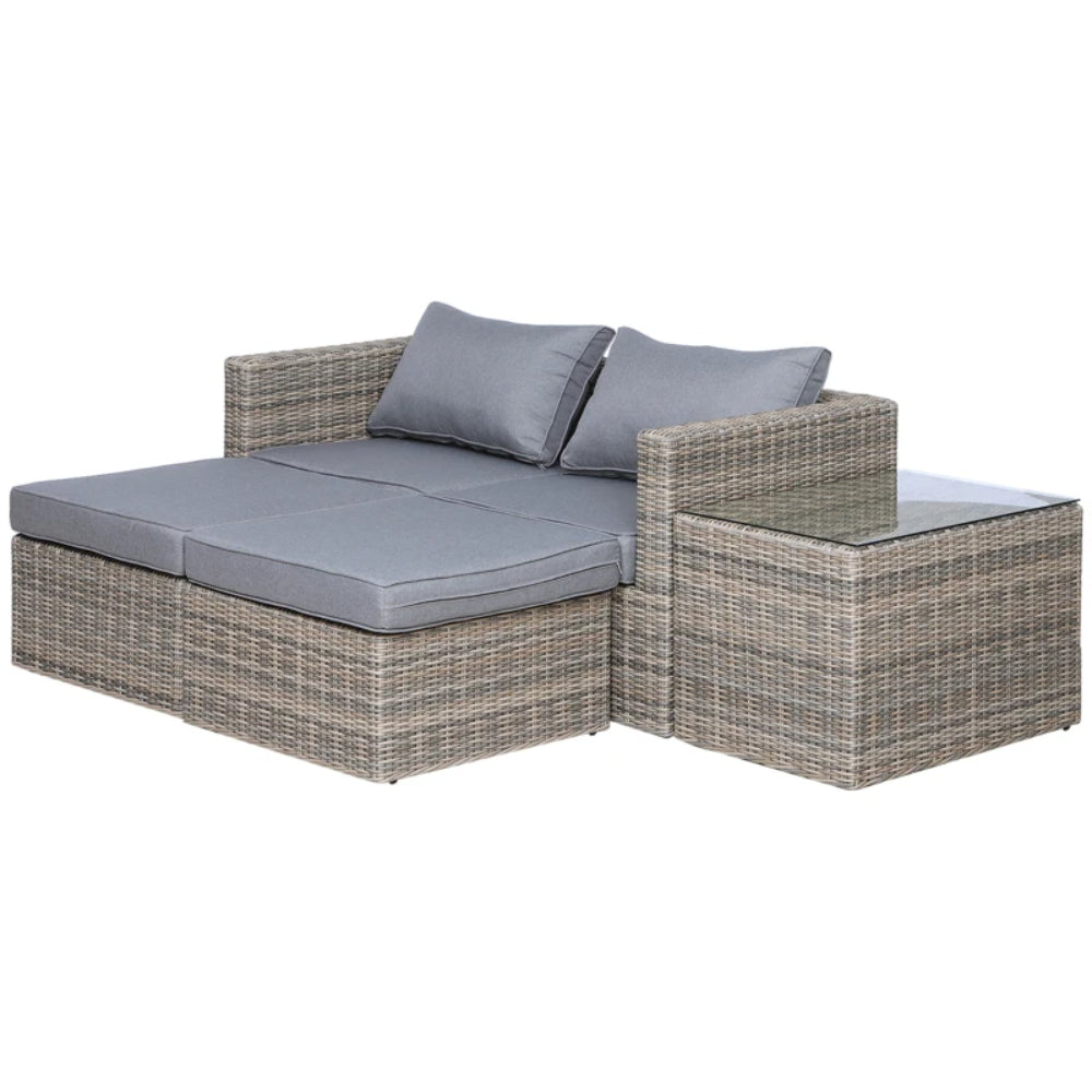 Outsunny 5 Piece Rattan Garden Furniture Set w/ 10cm Thick Cushions, Aluminium Frame Wicker Outdoor Balcony Sofa Set with Corner Armchairs, Ottomans, and Glass Top Table, Mixed Brown