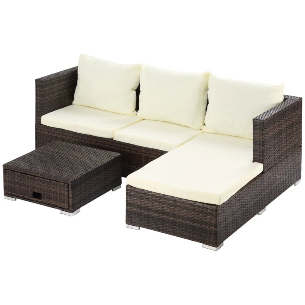 Outsunny 3 Pieces Rattan Garden Furniture Sofa Set, 4 Seater Garden Corner Sofa with 5-Level Reclining Sun Lounger and Storage Coffee Table, Outdoor Furniture Conservatory Set with Cushions, Brown