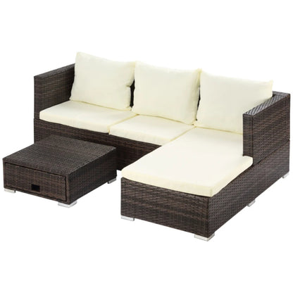 Outsunny 3 Pieces Rattan Garden Furniture Sofa Set, 4 Seater Garden Corner Sofa with 5-Level Reclining Sun Lounger and Storage Coffee Table, Outdoor Furniture Conservatory Set with Cushions, Brown