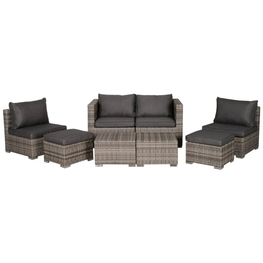 Outsunny 8 Pieces Rattan Garden Furniture Set, Garden Corner Sofa Set with 4 Chairs, 2 Footstools, 2 Coffee Tables and Cushions, Space-Saving Design, No Assembly Required, Grey