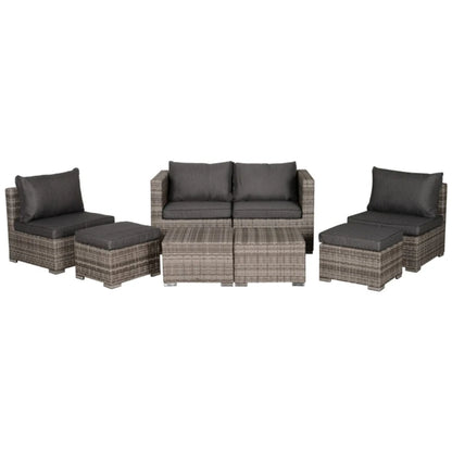 Outsunny 8 Pieces Rattan Garden Furniture Set, Garden Corner Sofa Set with 4 Chairs, 2 Footstools, 2 Coffee Tables and Cushions, Space-Saving Design, No Assembly Required, Grey