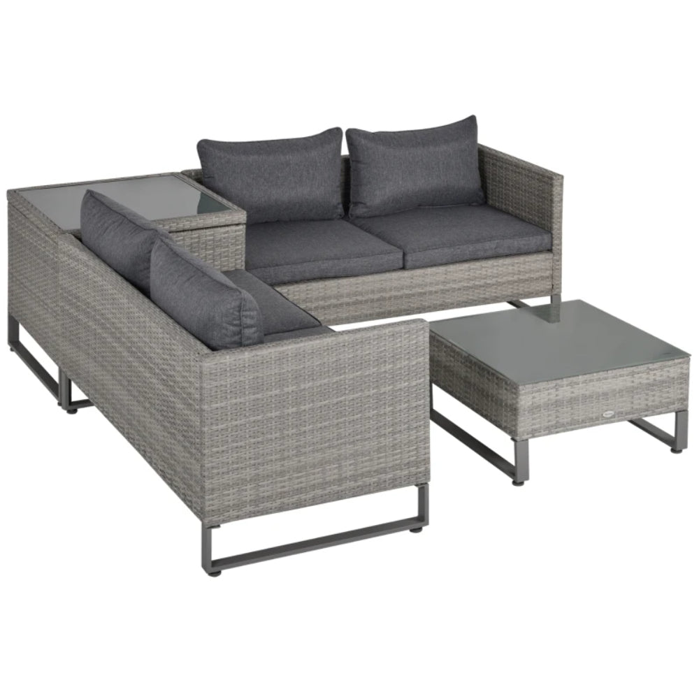 Outsunny 4 Pieces Rattan Garden Furniture Set, 4 Seater Garden Sofa Set with Storage Box, Loveseats and Glass Top Table, Wicker Outdoor Conservatory Furniture with Cushions for Outdoor, Patio, Grey