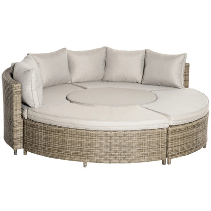 Outsunny 5 Pieces Outdoor PE Rattan Round Garden Daybed with Cushions, Aluminium Lounge Chair Conversation Sofa Set with Liftable Coffee Table and Protect Cover, Grey