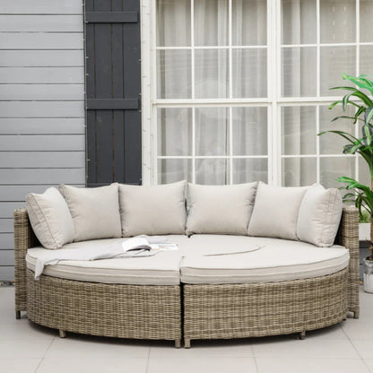 Outsunny 5 Pieces Outdoor PE Rattan Round Garden Daybed with Cushions, Aluminium Lounge Chair Conversation Sofa Set with Liftable Coffee Table and Protect Cover, Grey