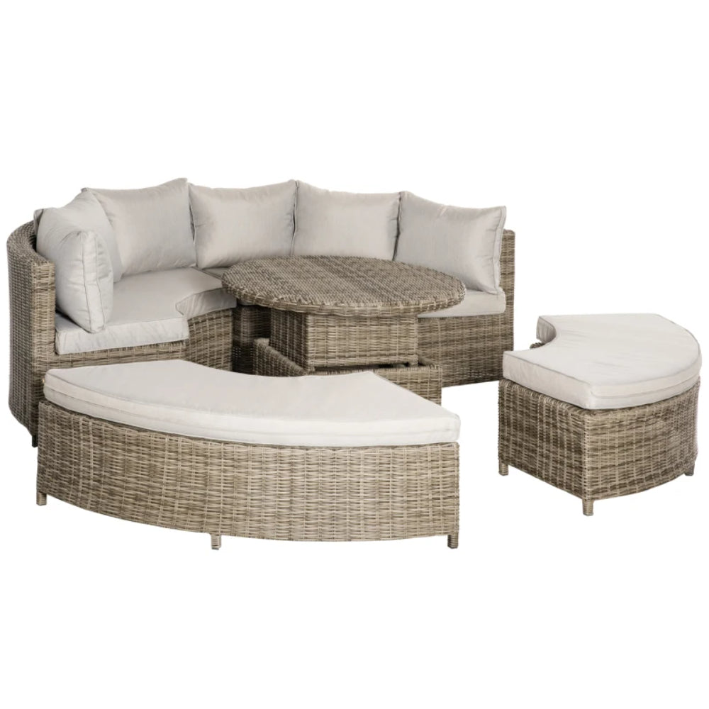 Outsunny 5 Pieces Outdoor PE Rattan Round Garden Daybed with Cushions, Aluminium Lounge Chair Conversation Sofa Set with Liftable Coffee Table and Protect Cover, Grey