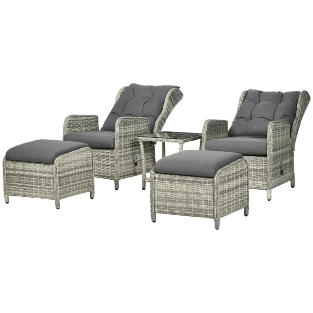 Outsunny 5 Pieces Rattan Bistro Set with Adjustable Back, Reclining Wicker Balcony Furniture with Cushions, Glass Top Coffee Table and Footstools, Outdoor Table and Chairs, Grey