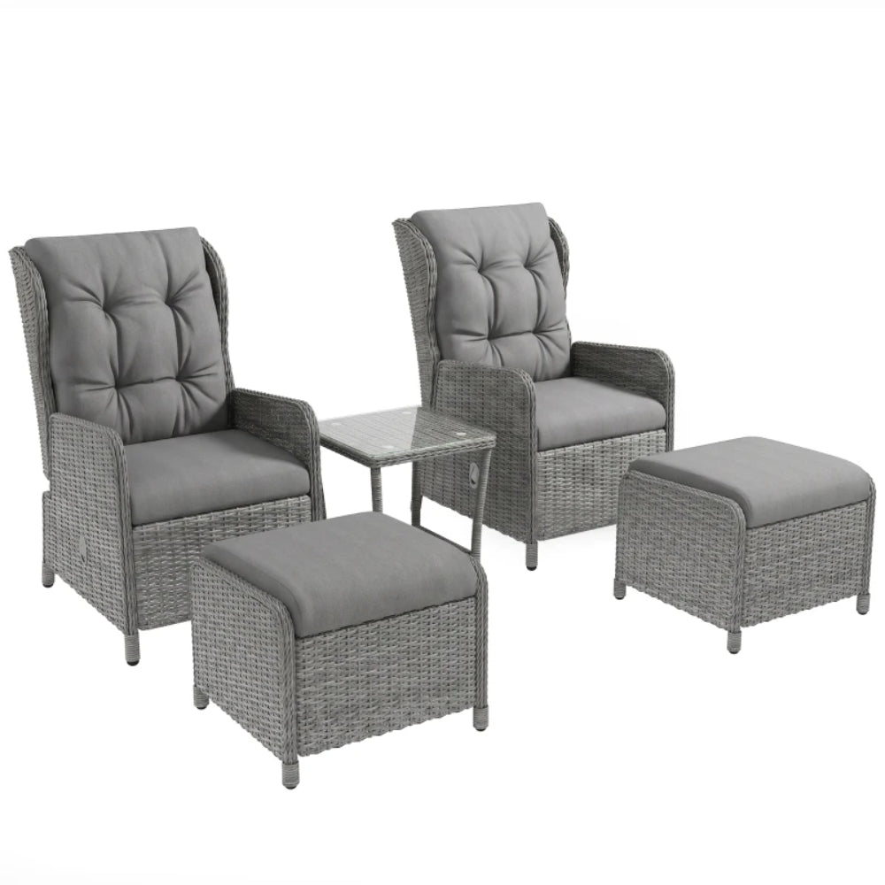 Outsunny 5 Pieces Rattan Bistro Set with Adjustable Back, Reclining Wicker Balcony Furniture with Cushions, Glass Top Coffee Table and Footstools, Outdoor Table and Chairs, Light Grey