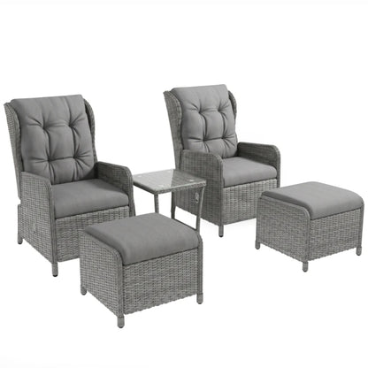 Outsunny 5 Pieces Rattan Bistro Set with Adjustable Back, Reclining Wicker Balcony Furniture with Cushions, Glass Top Coffee Table and Footstools, Outdoor Table and Chairs, Light Grey