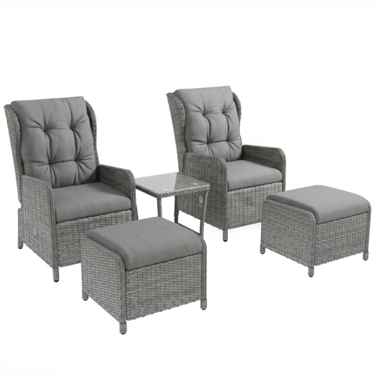 Outsunny 5 Pieces Rattan Bistro Set with Adjustable Back, Reclining Wicker Balcony Furniture with Cushions, Glass Top Coffee Table and Footstools, Outdoor Table and Chairs, Light Grey