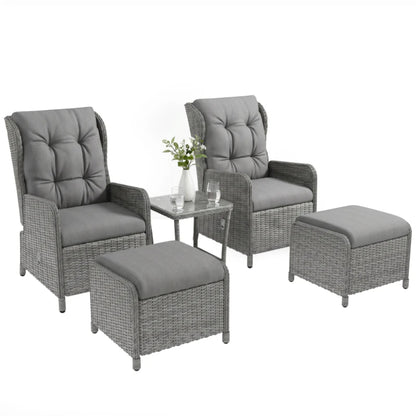 Outsunny 5 Pieces Rattan Bistro Set with Adjustable Back, Reclining Wicker Balcony Furniture with Cushions, Glass Top Coffee Table and Footstools, Outdoor Table and Chairs, Light Grey