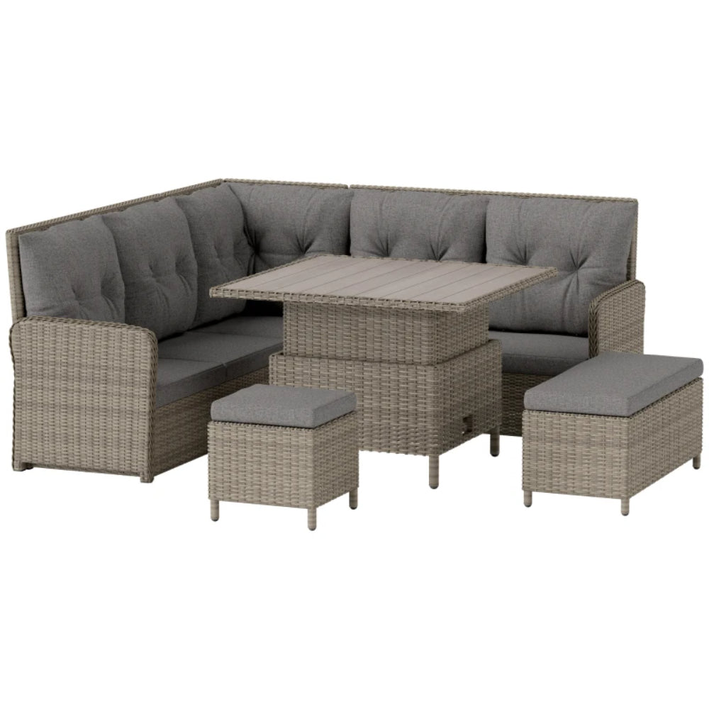 Outsunny 7 Seater Rattan Garden Furniture Set, 6 Piece Patio Dining Set with Liftable Coffee Table and Soft Padded Cushion, Wicker Sectional Conversation Corner Sofa, 123 x 55 x 84 cm
