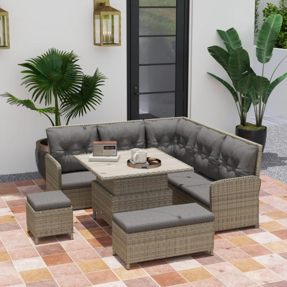 Outsunny 7 Seater Rattan Garden Furniture Set, 6 Piece Patio Dining Set with Liftable Coffee Table and Soft Padded Cushion, Wicker Sectional Conversation Corner Sofa, 123 x 55 x 84 cm
