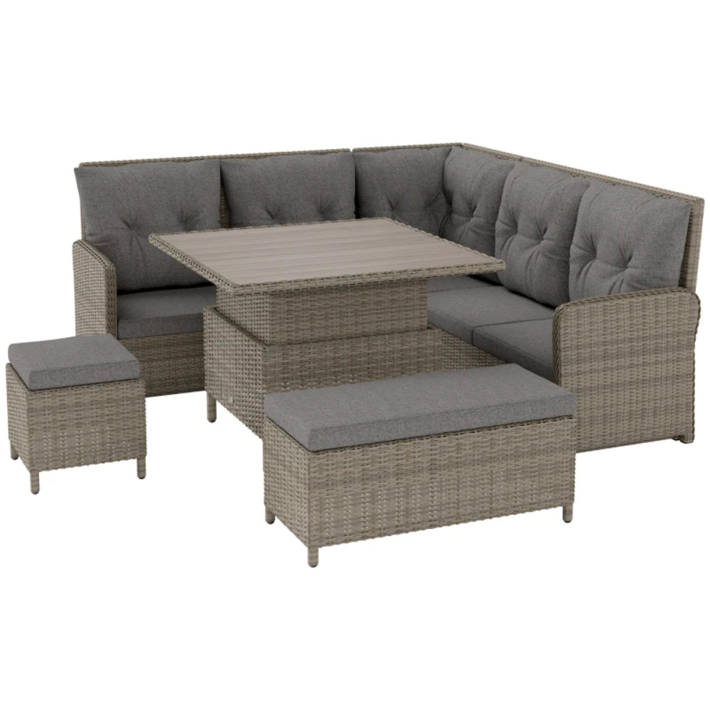 Outsunny 7 Seater Rattan Garden Furniture Set, 6 Piece Patio Dining Set with Liftable Coffee Table and Soft Padded Cushion, Wicker Sectional Conversation Corner Sofa, 123 x 55 x 84 cm