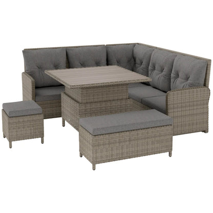 Outsunny 7 Seater Rattan Garden Furniture Set, 6 Piece Patio Dining Set with Liftable Coffee Table and Soft Padded Cushion, Wicker Sectional Conversation Corner Sofa, 123 x 55 x 84 cm