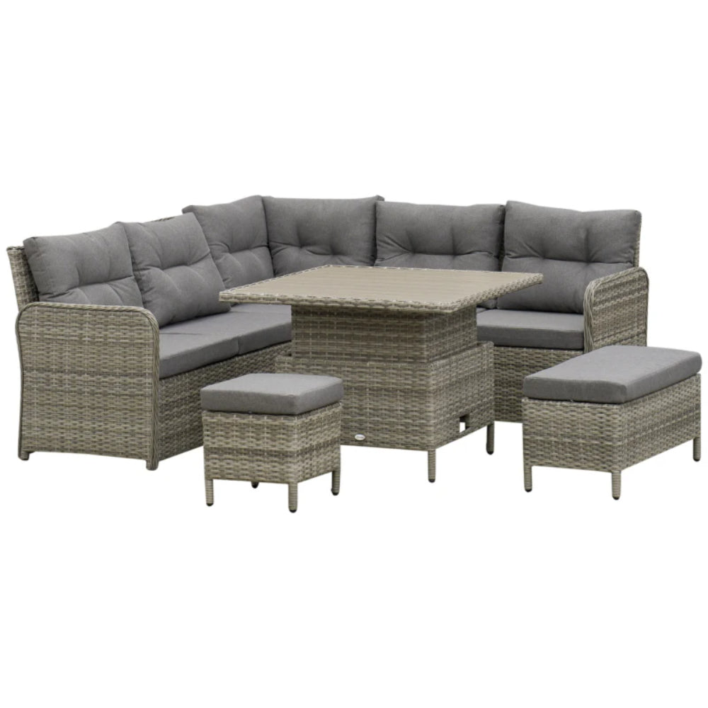 Outsunny 7 Seater Rattan Garden Furniture Set, 6 Piece Patio Dining Set with Liftable Coffee Table and Soft Padded Cushion, Wicker Sectional Conversation Corner Sofa, 123 x 55 x 84 cm
