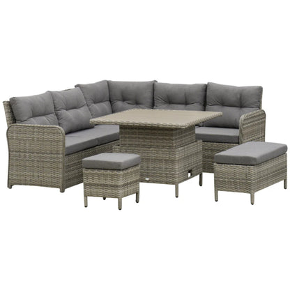 Outsunny 7 Seater Rattan Garden Furniture Set, 6 Piece Patio Dining Set with Liftable Coffee Table and Soft Padded Cushion, Wicker Sectional Conversation Corner Sofa, 123 x 55 x 84 cm