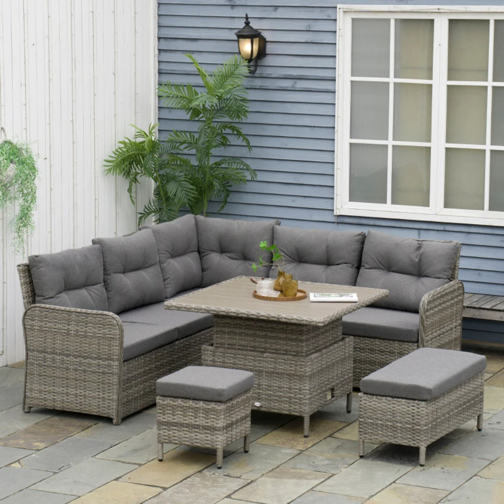 Outsunny 7 Seater Rattan Garden Furniture Set, 6 Piece Patio Dining Set with Liftable Coffee Table and Soft Padded Cushion, Wicker Sectional Conversation Corner Sofa, 123 x 55 x 84 cm
