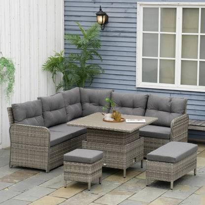 Outsunny 7 Seater Rattan Garden Furniture Set, 6 Piece Patio Dining Set with Liftable Coffee Table and Soft Padded Cushion, Wicker Sectional Conversation Corner Sofa, 123 x 55 x 84 cm