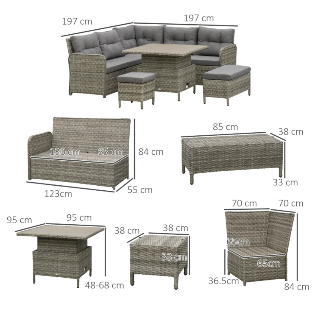 Outsunny 7 Seater Rattan Garden Furniture Set, 6 Piece Patio Dining Set with Liftable Coffee Table and Soft Padded Cushion, Wicker Sectional Conversation Corner Sofa, 123 x 55 x 84 cm