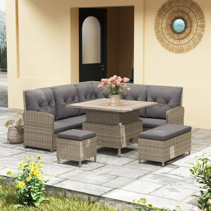 Outsunny 7 Seater Rattan Garden Furniture Set, 6 Piece Patio Dining Set with Liftable Coffee Table and Soft Padded Cushion, Wicker Sectional Conversation Corner Sofa, 123 x 55 x 84 cm