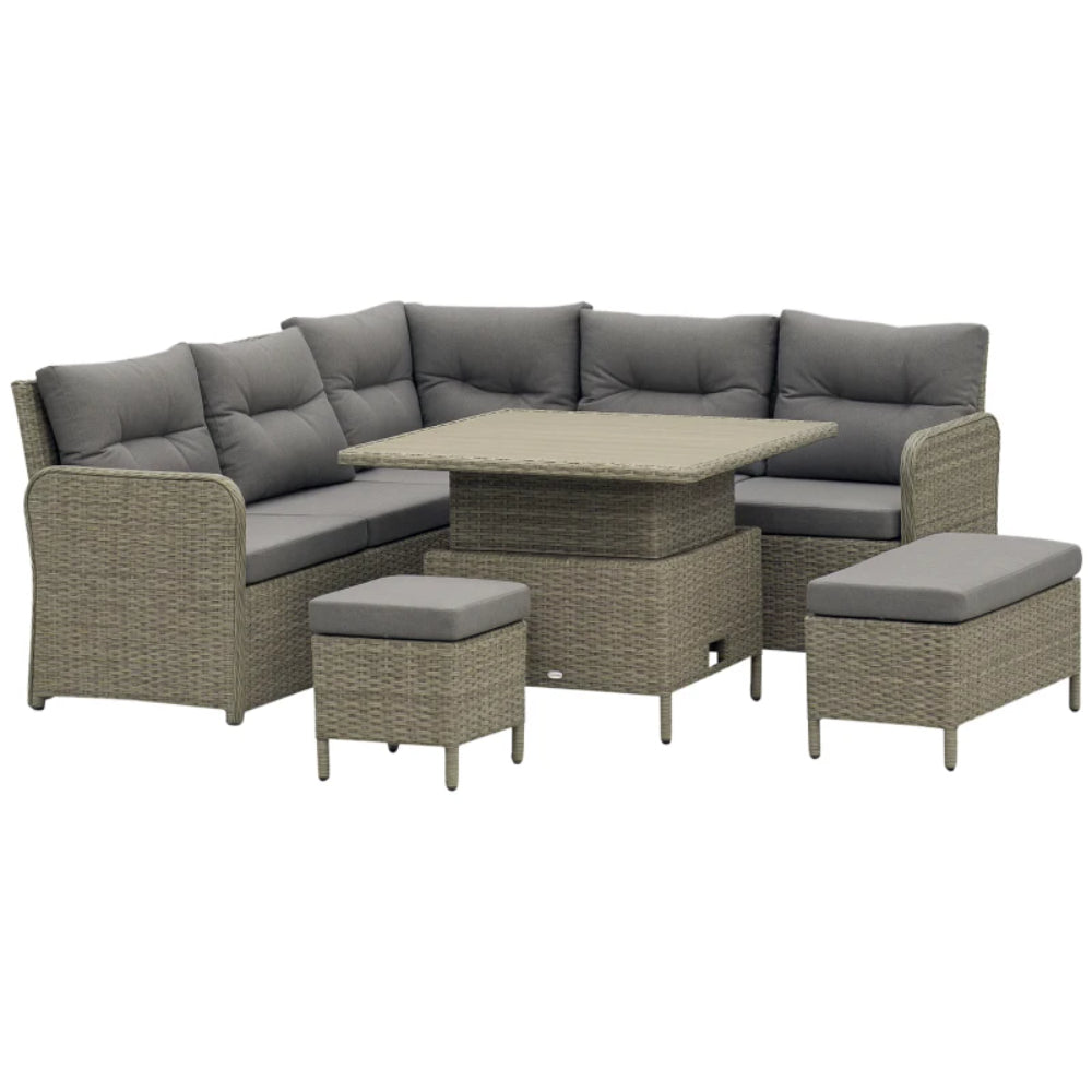 Outsunny 7 Seater Rattan Garden Furniture Set, 6 Piece Patio Dining Set with Liftable Coffee Table and Soft Padded Cushion, Wicker Sectional Conversation Corner Sofa, 123 x 55 x 84 cm
