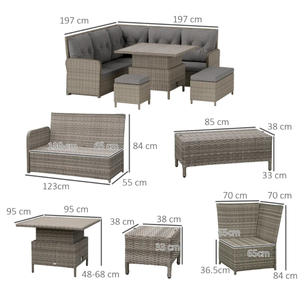 Outsunny 7 Seater Rattan Garden Furniture Set, 6 Piece Patio Dining Set with Liftable Coffee Table and Soft Padded Cushion, Wicker Sectional Conversation Corner Sofa, 123 x 55 x 84 cm