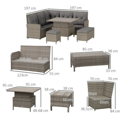 Outsunny 7 Seater Rattan Garden Furniture Set, 6 Piece Patio Dining Set with Liftable Coffee Table and Soft Padded Cushion, Wicker Sectional Conversation Corner Sofa, 123 x 55 x 84 cm