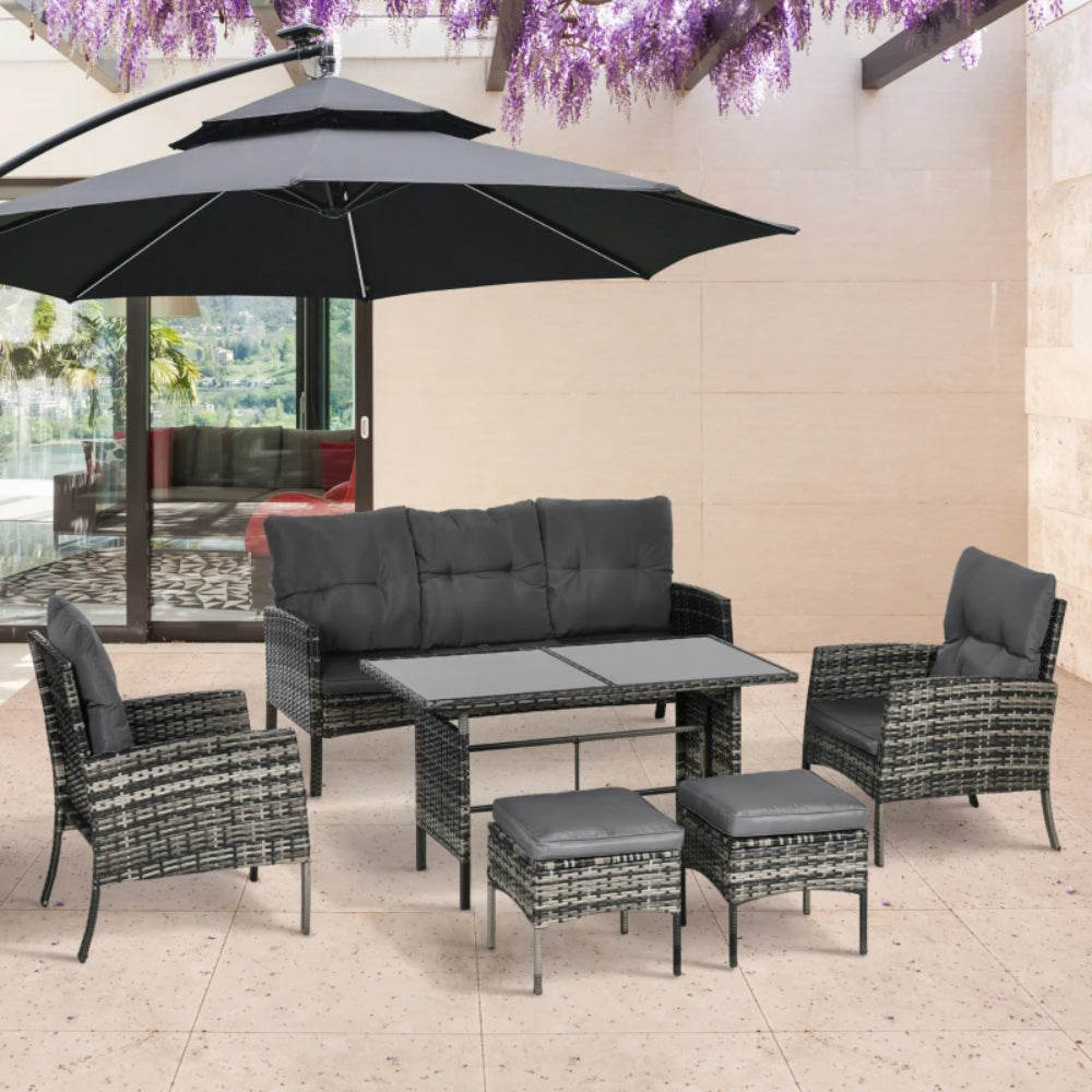 Outsunny 5 Seater Rattan Garden Furniture Set, 2 Armchairs, 3-Seater Wicker Sofa, 2 Footstools and Glass Table, 6 Piece Patio Rattan furniture Sofa Sets with Cushions for Conservatory, Mixed Grey