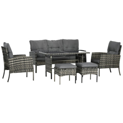 Outsunny 5 Seater Rattan Garden Furniture Set, 2 Armchairs, 3-Seater Wicker Sofa, 2 Footstools and Glass Table, 6 Piece Patio Rattan furniture Sofa Sets with Cushions for Conservatory, Mixed Grey