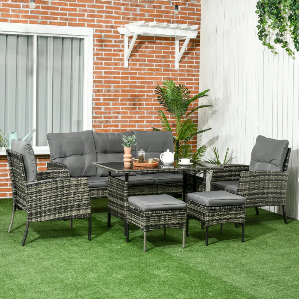 Outsunny 5 Seater Rattan Garden Furniture Set, 2 Armchairs, 3-Seater Wicker Sofa, 2 Footstools and Glass Table, 6 Piece Patio Rattan furniture Sofa Sets with Cushions for Conservatory, Mixed Grey