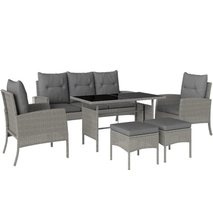 Outsunny 7 Seater Rattan Garden Furniture Set, 6 Piece Patio Dining Set, Armchairs, 3-Seater Sofa, Footstools, Glass Dining Table, Cushions, Wicker Outdoor Furniture for Conservatory Patio, Grey