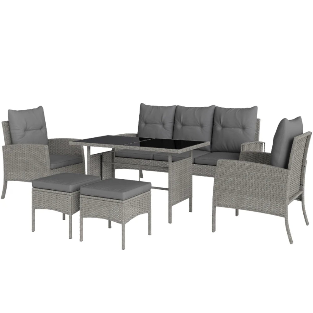 Outsunny 7 Seater Rattan Garden Furniture Set, 6 Piece Patio Dining Set, Armchairs, 3-Seater Sofa, Footstools, Glass Dining Table, Cushions, Wicker Outdoor Furniture for Conservatory Patio, Grey