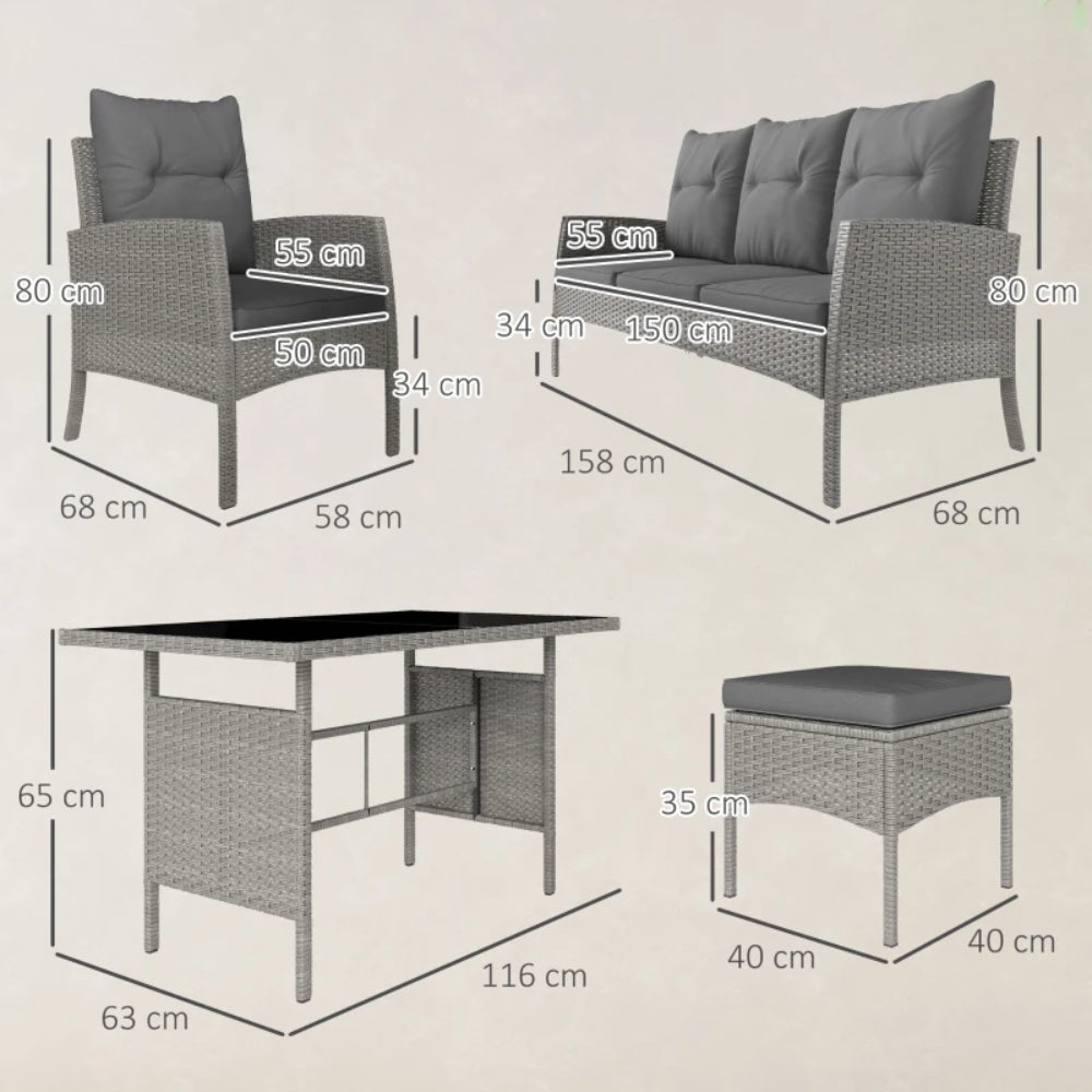 Outsunny 7 Seater Rattan Garden Furniture Set, 6 Piece Patio Dining Set, Armchairs, 3-Seater Sofa, Footstools, Glass Dining Table, Cushions, Wicker Outdoor Furniture for Conservatory Patio, Grey
