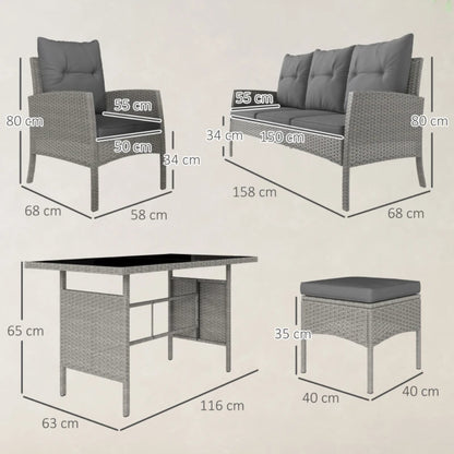 Outsunny 7 Seater Rattan Garden Furniture Set, 6 Piece Patio Dining Set, Armchairs, 3-Seater Sofa, Footstools, Glass Dining Table, Cushions, Wicker Outdoor Furniture for Conservatory Patio, Grey