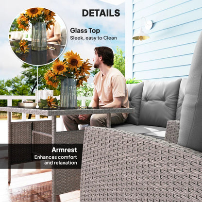 Outsunny 7 Seater Rattan Garden Furniture Set, 6 Piece Patio Dining Set, Armchairs, 3-Seater Sofa, Footstools, Glass Dining Table, Cushions, Wicker Outdoor Furniture for Conservatory Patio, Grey