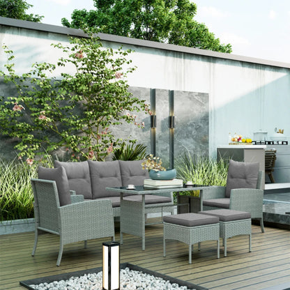 Outsunny 7 Seater Rattan Garden Furniture Set, 6 Piece Patio Dining Set, Armchairs, 3-Seater Sofa, Footstools, Glass Dining Table, Cushions, Wicker Outdoor Furniture for Conservatory Patio, Grey
