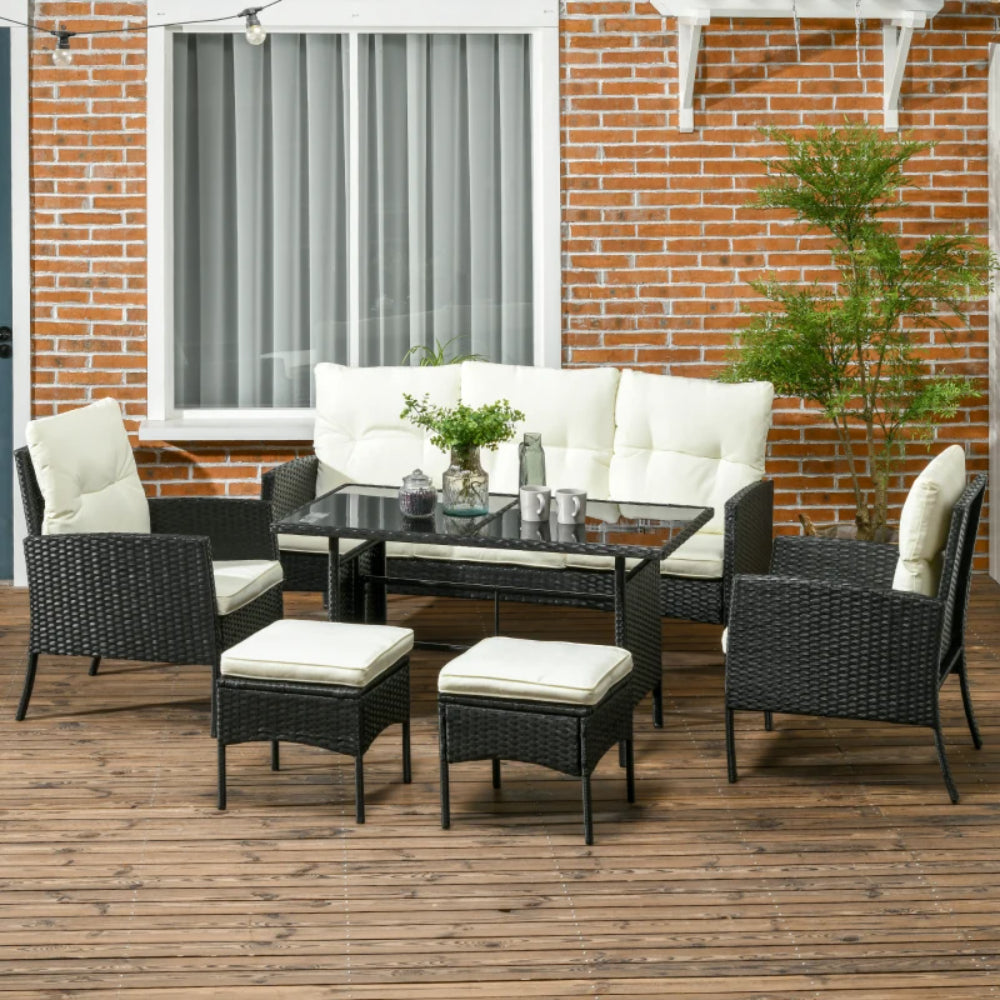Outsunny 7 Seater Rattan Garden Furniture Set, 6 Piece Garden Dining Set, Armchairs, 3-Seater Sofa, Footstools, Glass Dining Table, Cushions, Wicker Outdoor Furniture for Conservatory Patio, Cream