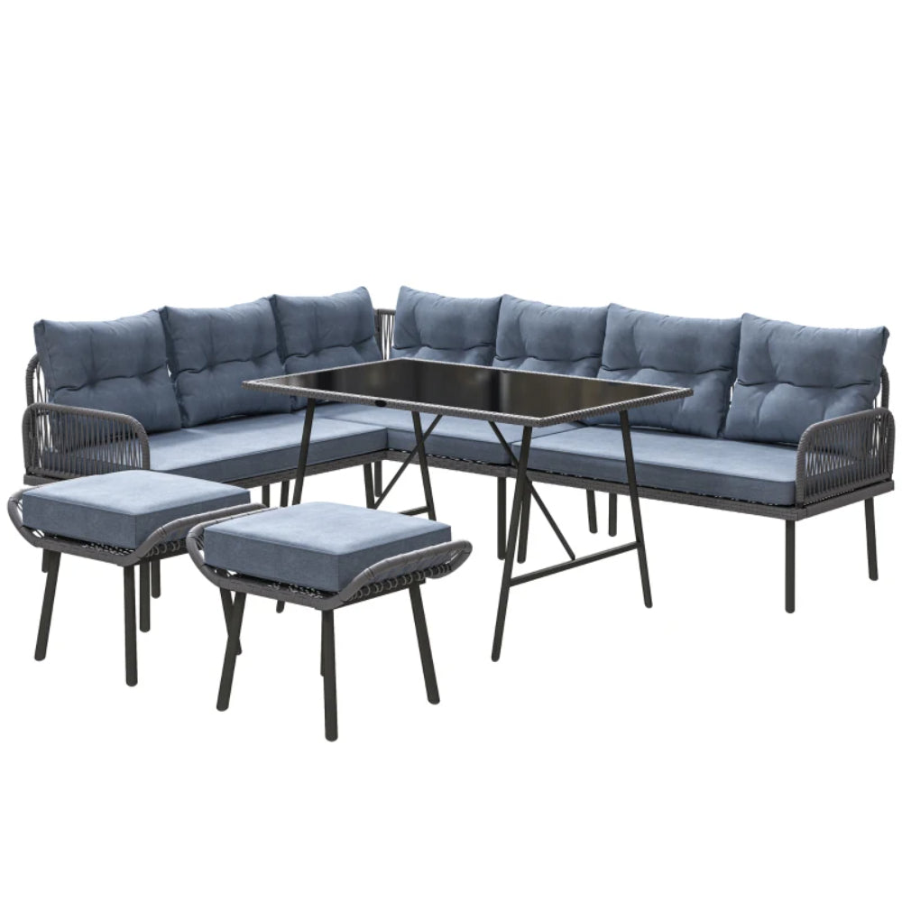 Outsunny 6 Piece Rattan Garden Furniture Set, 8 Seater Garden Corner Sofa with Cushions and Glass Top Table, Sectional Outdoor Furniture Conservatory Set for Patio, Charcoal Grey