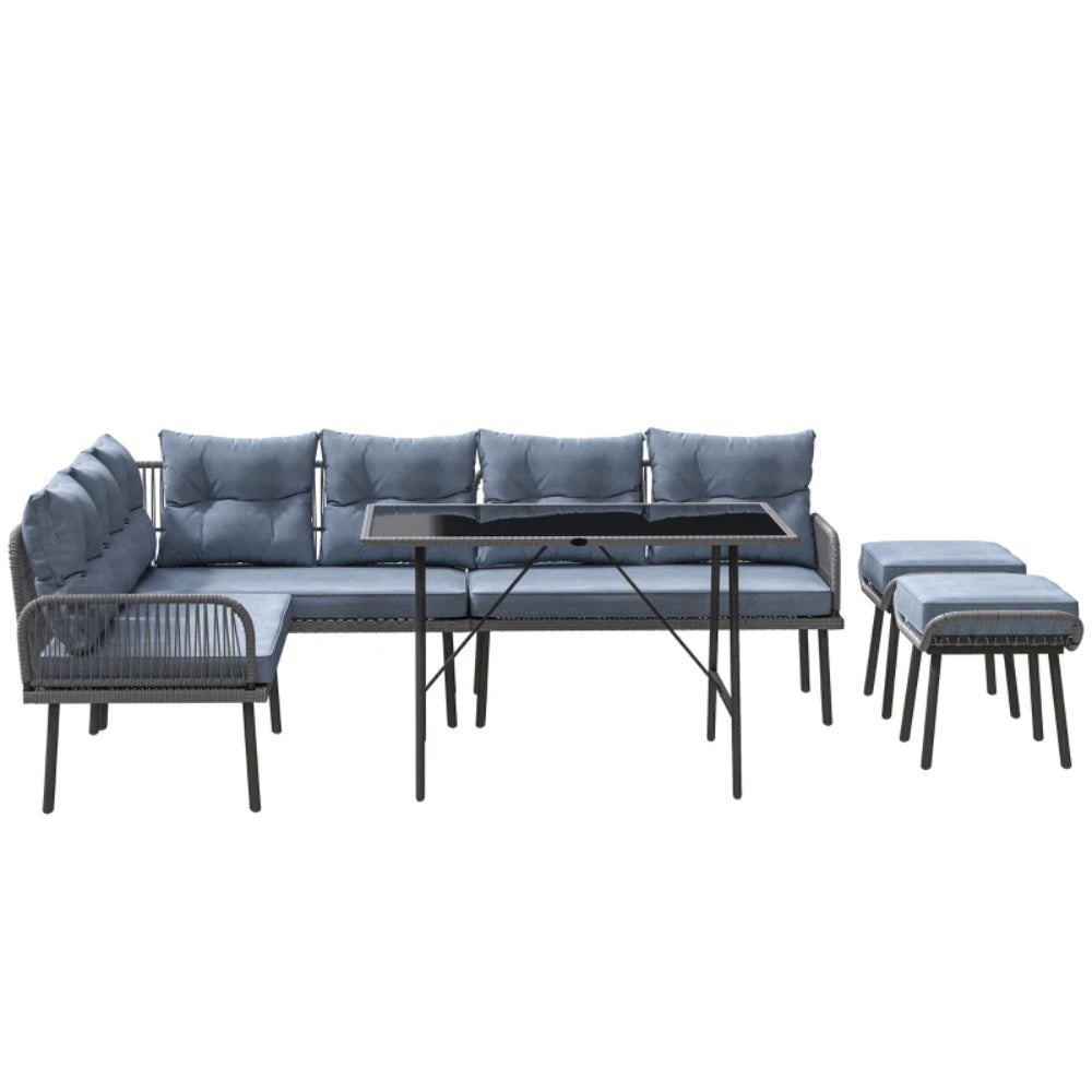 Outsunny 6 Piece Rattan Garden Furniture Set, 8 Seater Garden Corner Sofa with Cushions and Glass Top Table, Sectional Outdoor Furniture Conservatory Set for Patio, Charcoal Grey