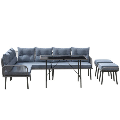 Outsunny 6 Piece Rattan Garden Furniture Set, 8 Seater Garden Corner Sofa with Cushions and Glass Top Table, Sectional Outdoor Furniture Conservatory Set for Patio, Charcoal Grey