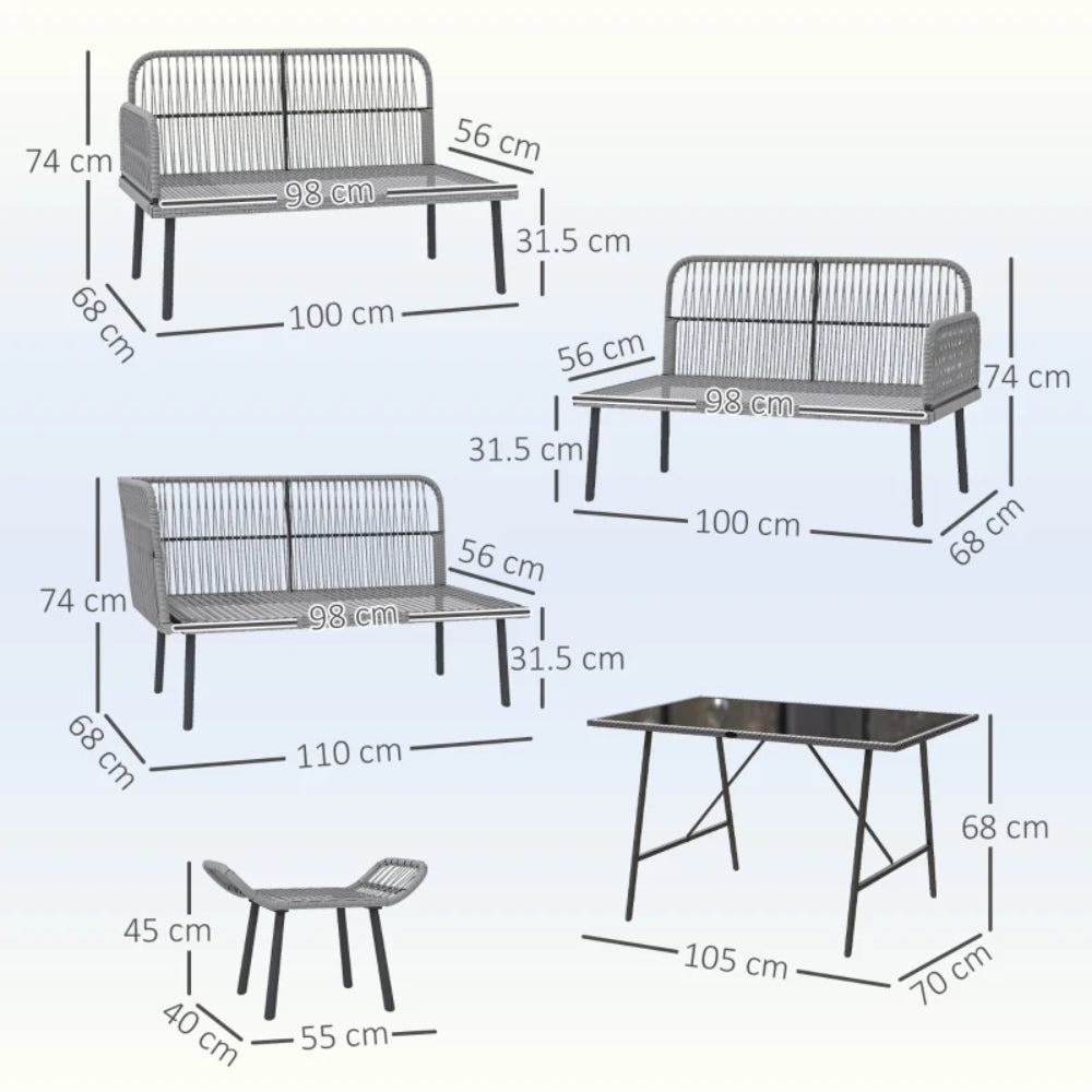 Outsunny 6 Piece Rattan Garden Furniture Set, 8 Seater Garden Corner Sofa with Cushions and Glass Top Table, Sectional Outdoor Furniture Conservatory Set for Patio, Charcoal Grey