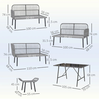 Outsunny 6 Piece Rattan Garden Furniture Set, 8 Seater Garden Corner Sofa with Cushions and Glass Top Table, Sectional Outdoor Furniture Conservatory Set for Patio, Charcoal Grey