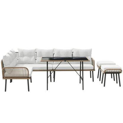 Outsunny 6 Piece Rattan Garden Furniture Set, 8 Seater Garden Corner Sofa with Cushions and Glass Top Table, Sectional Outdoor Furniture Conservatory Set for Patio, Cream White
