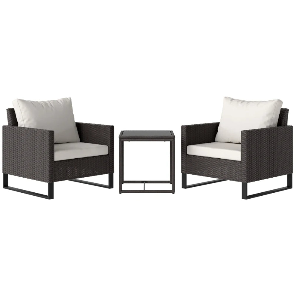 Outsunny 3 Pieces Rattan Bistro Set with 4 Cushions, Wicker Garden Furniture Set, Glass Top Coffee Table and Chairs for Outdoor Patio, Balcony, Terrace and Conservatory