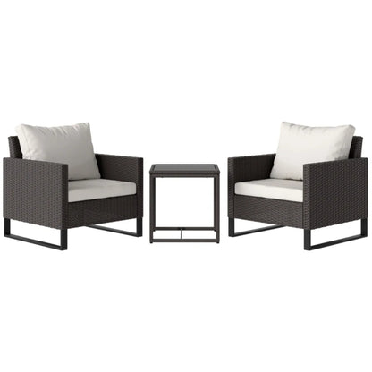 Outsunny 3 Pieces Rattan Bistro Set with 4 Cushions, Wicker Garden Furniture Set, Glass Top Coffee Table and Chairs for Outdoor Patio, Balcony, Terrace and Conservatory